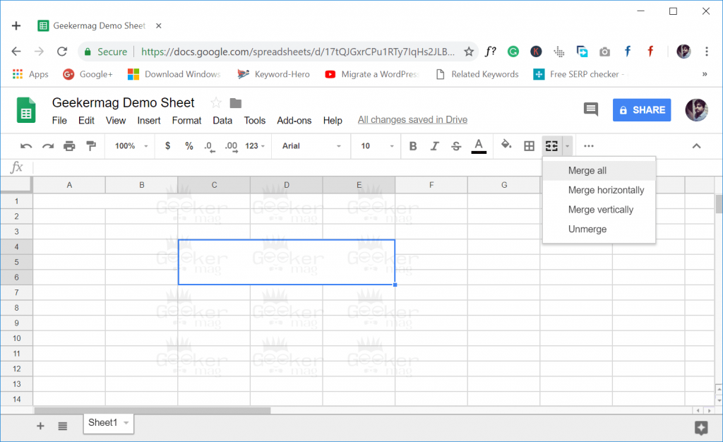 merge cells in google docs