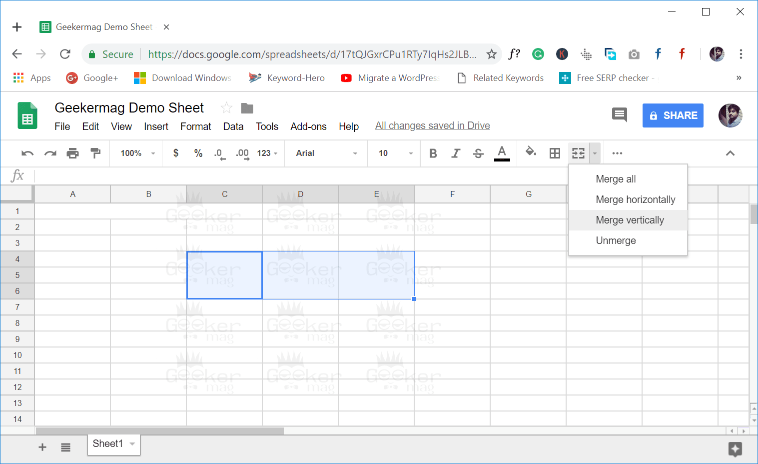 google sheets merge cells keep data