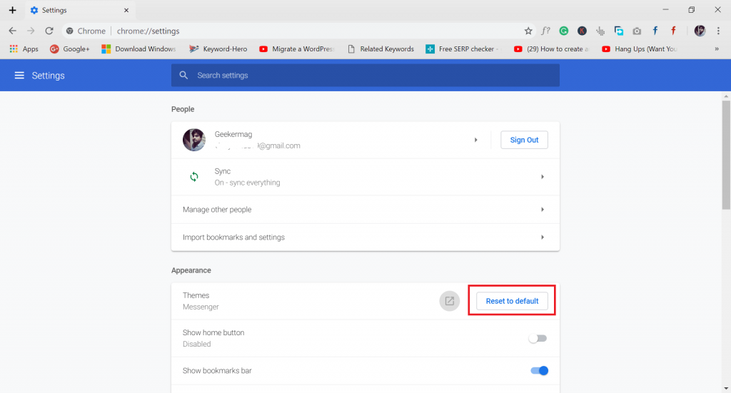 reset to default option in the chrome browser