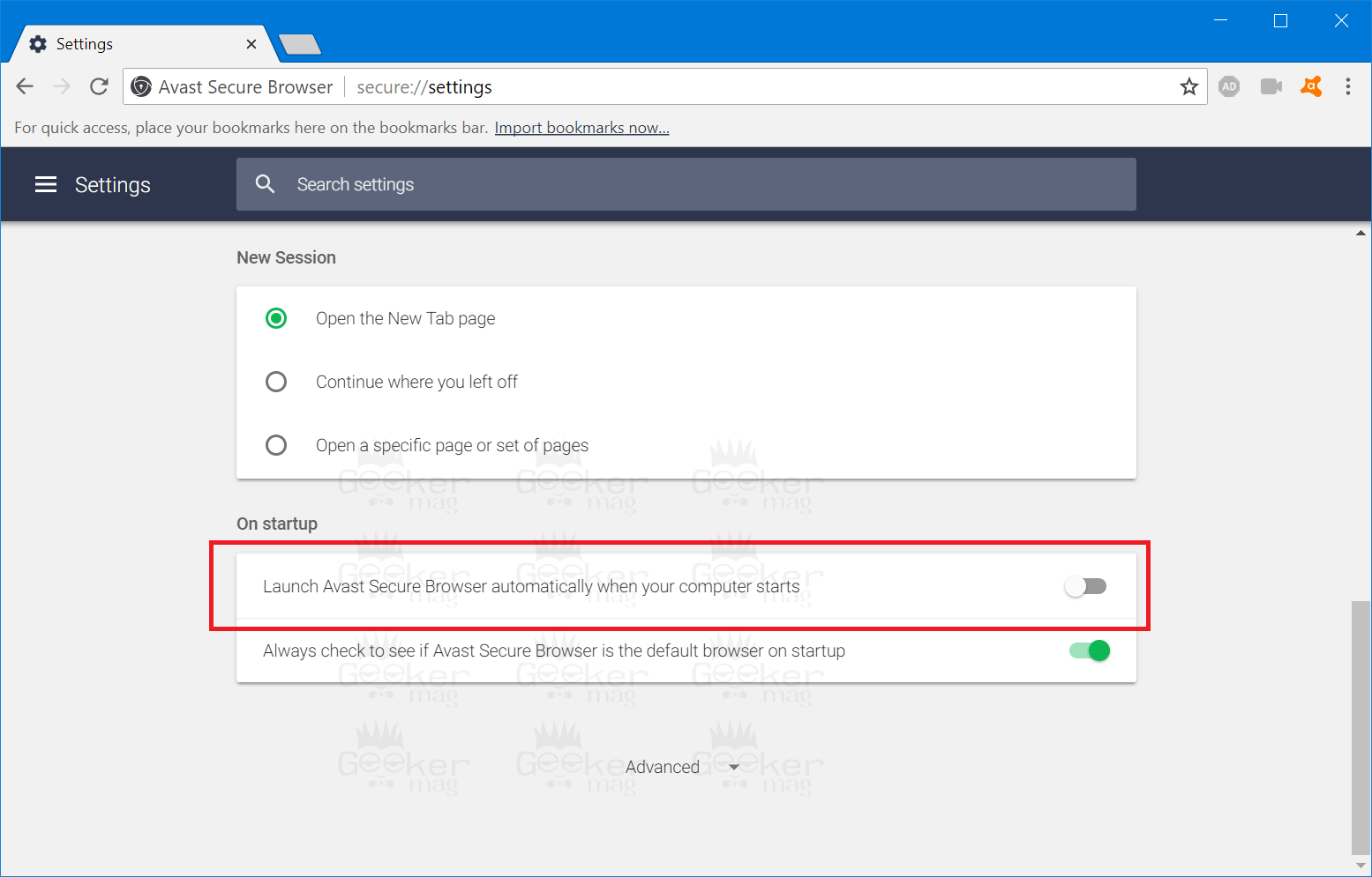 disable avast browser from starting at startup