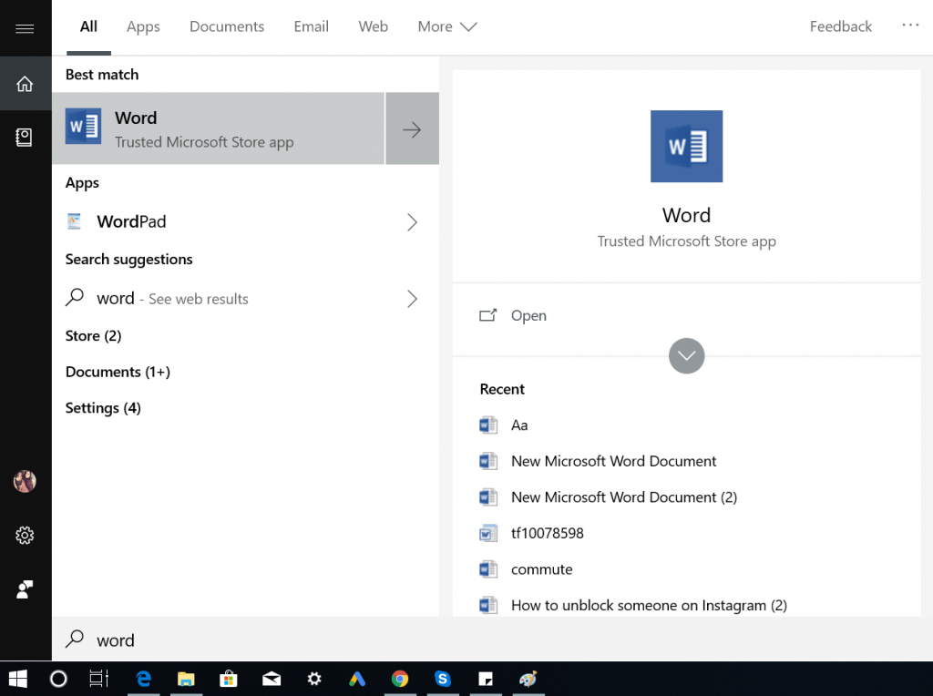 open word using start menu search bar in windows 10