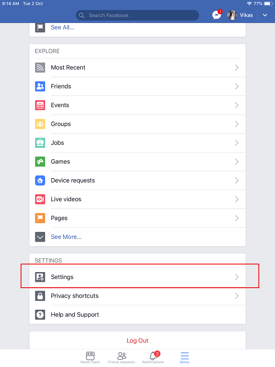 facebook settings-ipad