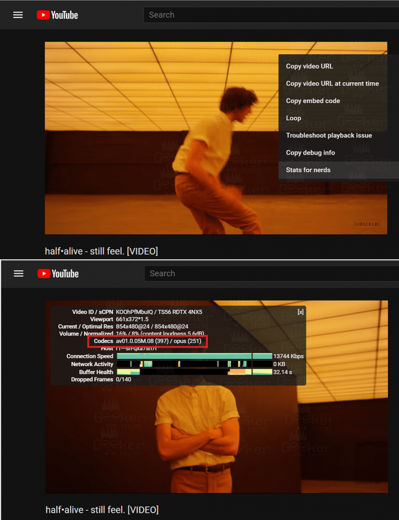 youtube stats for nerds- codec information