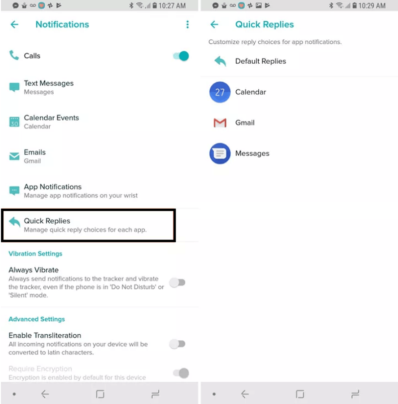 fitbit app quick replies
