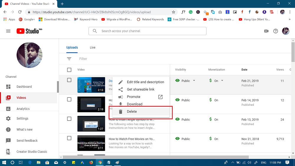 delete youtube video option