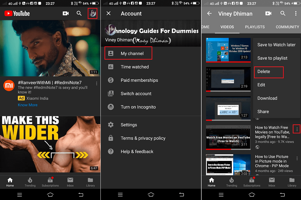 delete youtube videos on android