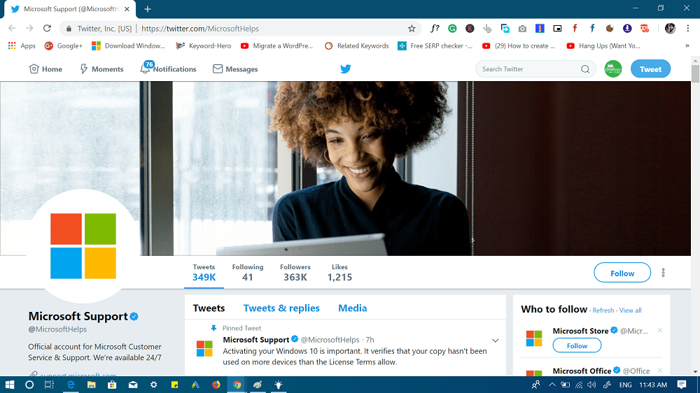 contact microsoft twitter account to get help in windows 10