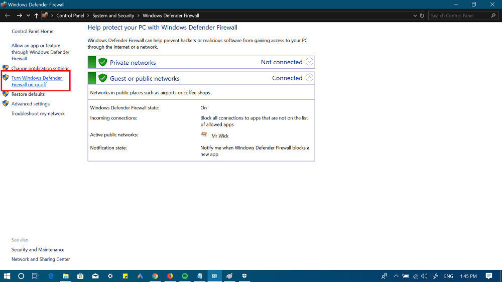 Turn Windows Defender Firewall on or off