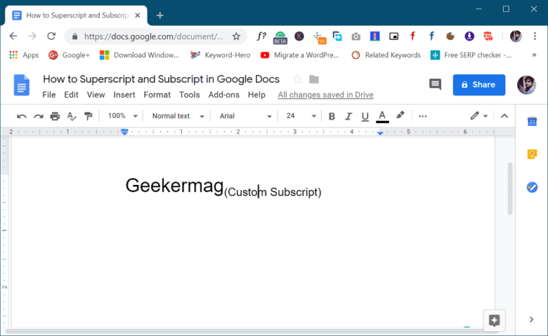 keyboard shortcut for subscript google docs