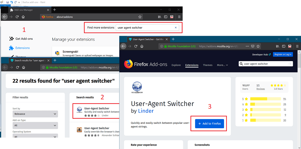 download and install user-agent switcher in firefox