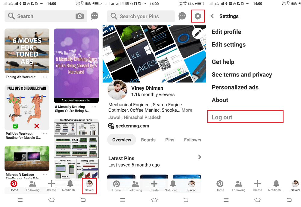 how to logout of pinterest - android and ios app