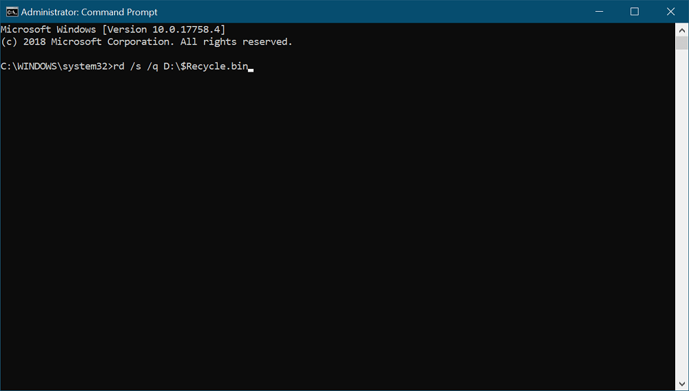 reset recycle bin using command prompt