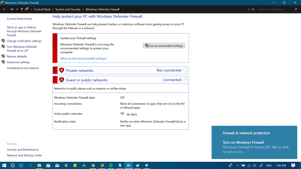 turn off windows defender firewall using control panel