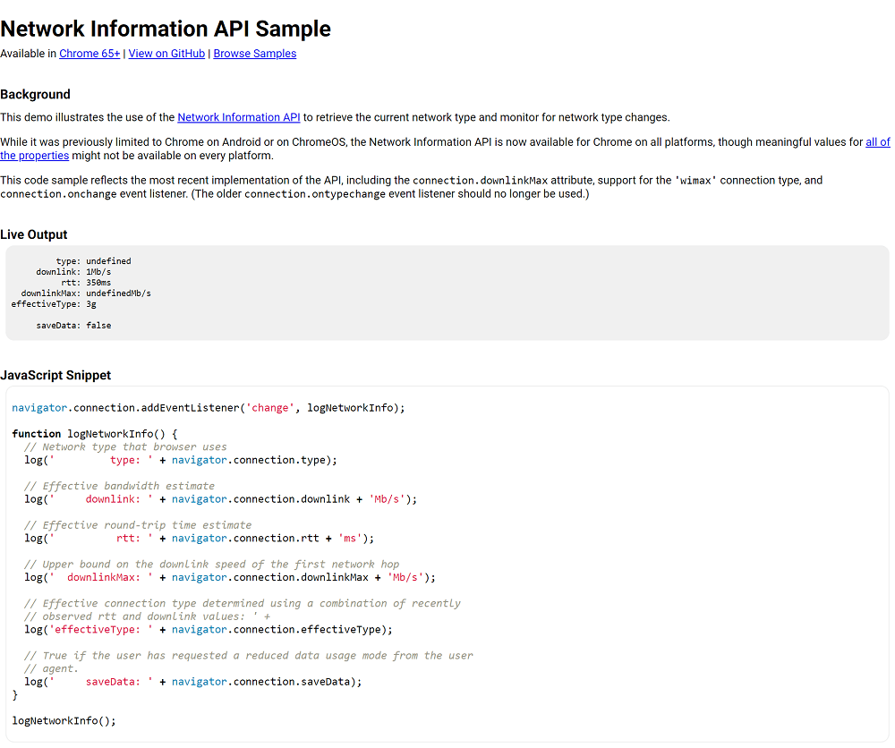 check internet connection speed using Network Information API Sample