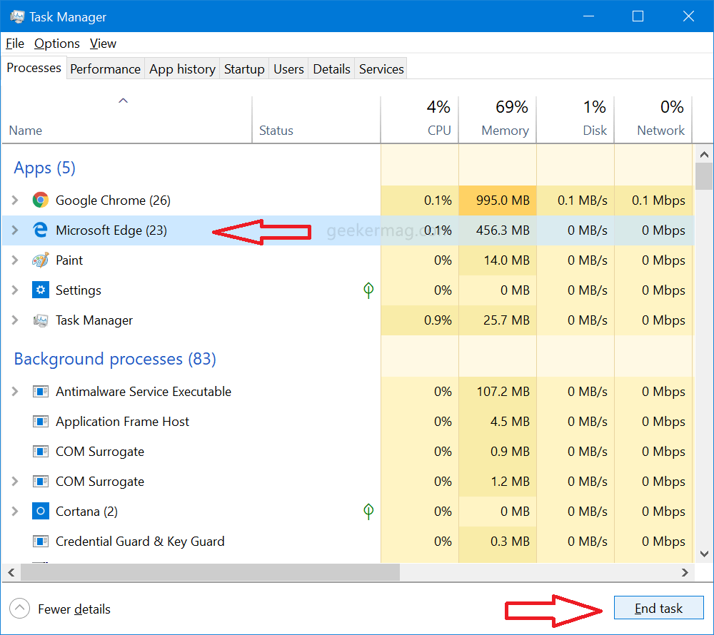 close microsoft edge processess using task manager