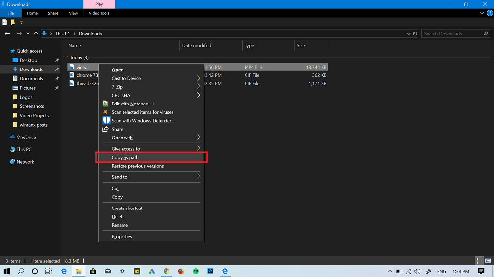select path of video file in windows 10