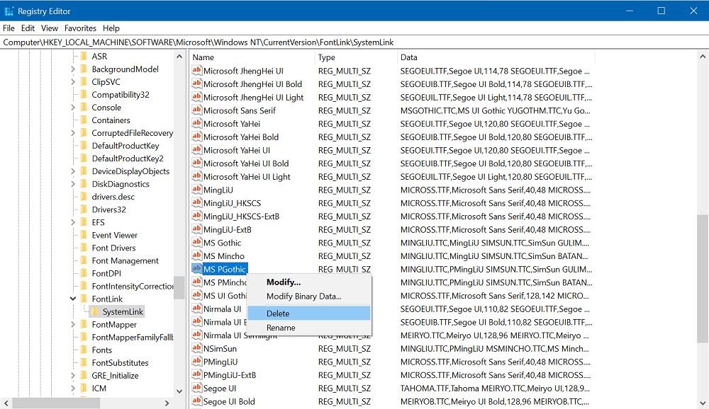 Delete multi-string value - MS PGothic MC