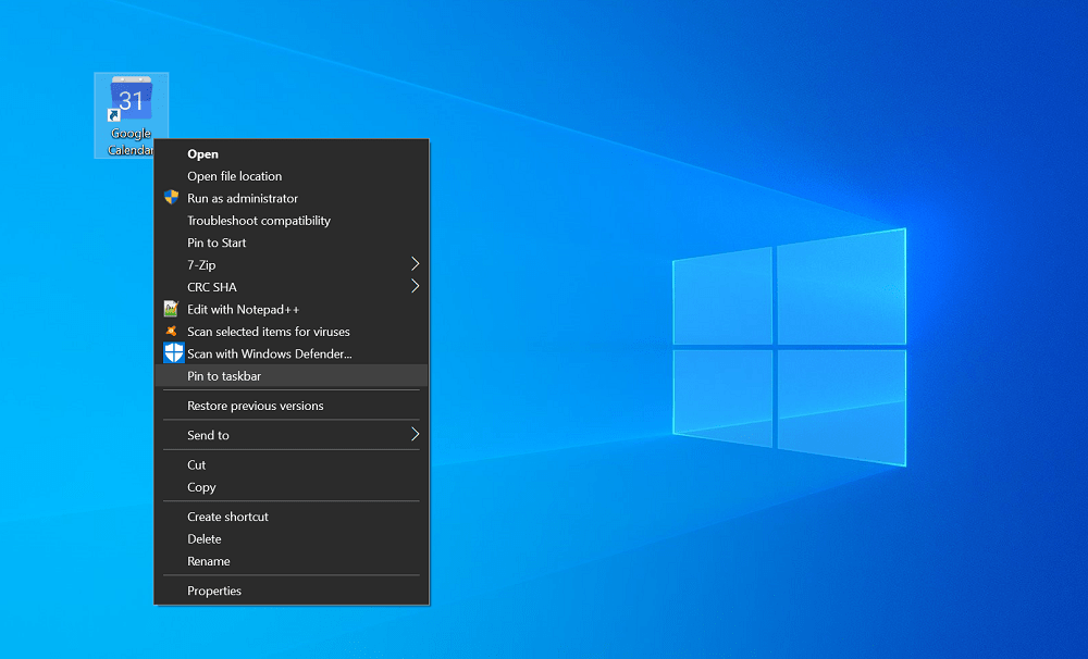 pin google calendar shortcut to windows 10 taskbar
