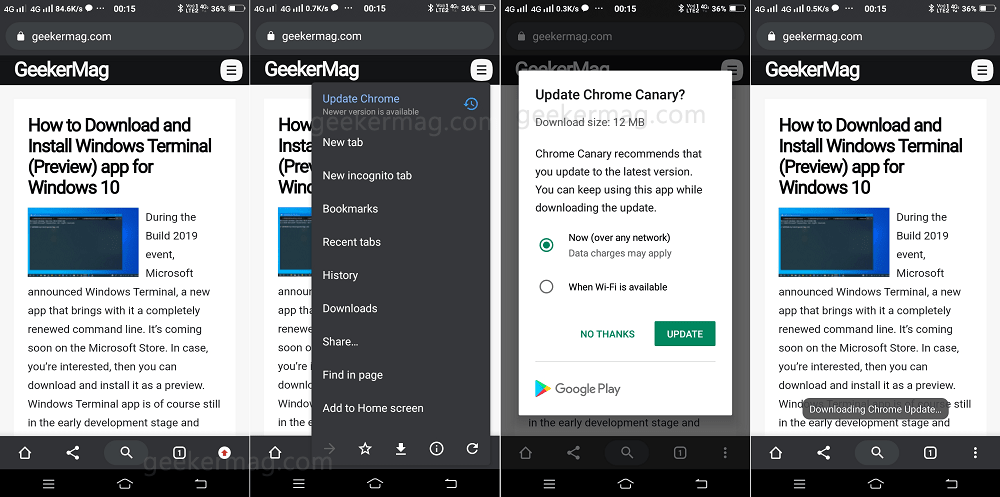 update chrome for android in the background