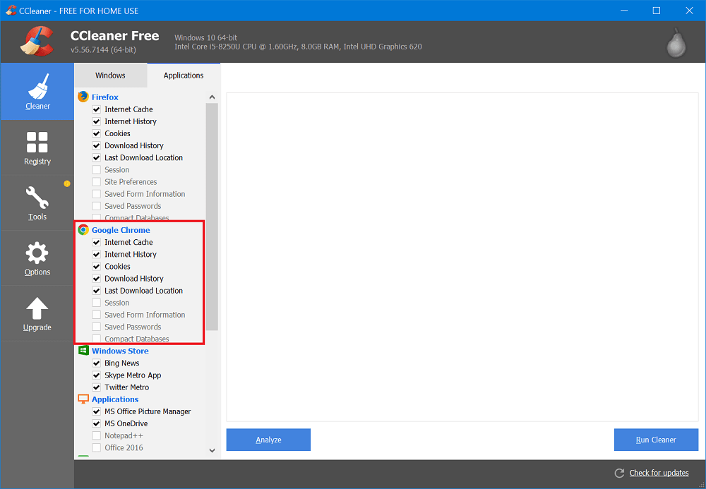 clear chrome cache using ccleaner