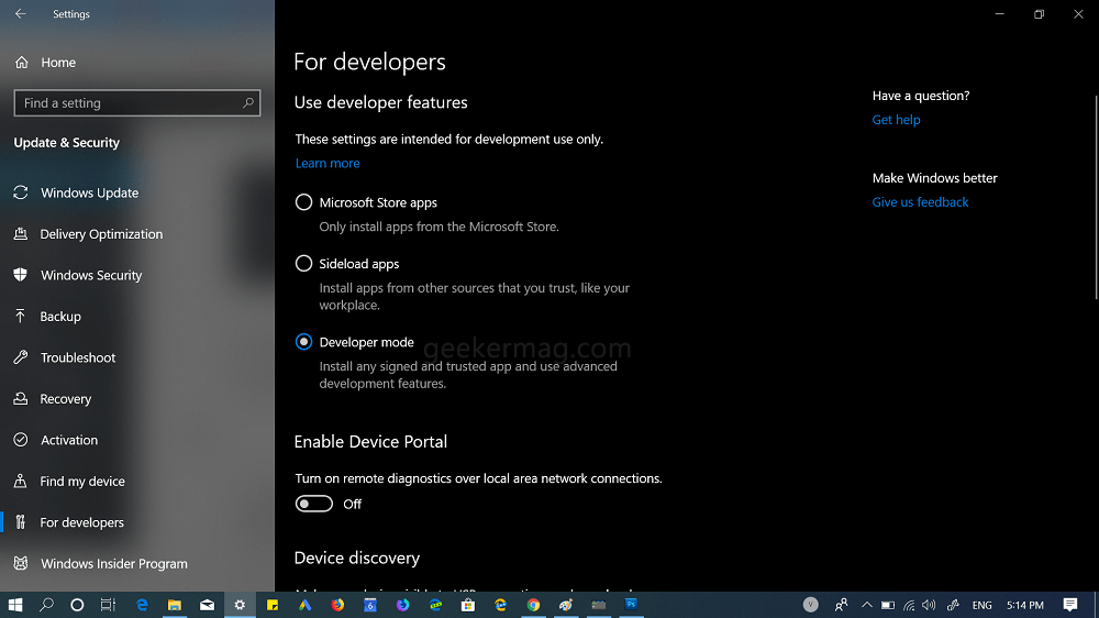 enable developer mode in windows 10