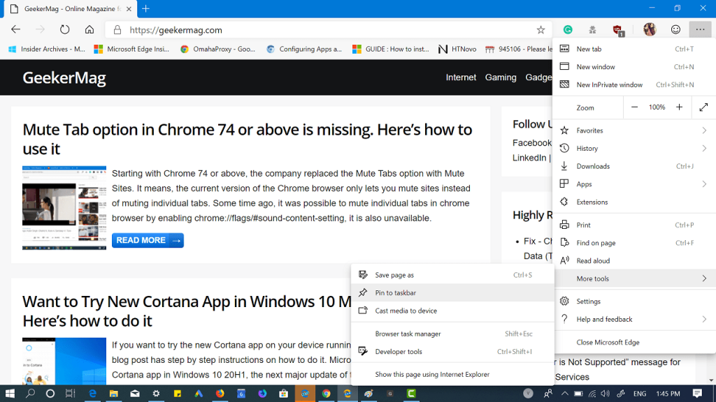 how to pin sites to windows 10 taskbar using edge chromium