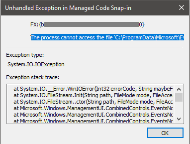 Unhandled Exception in Managed code Snap-in