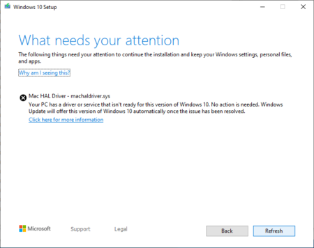 Mac HAL Driver - machaldriver.sys: Your PC has a driver or service that isn't ready for this version of Windows 10."