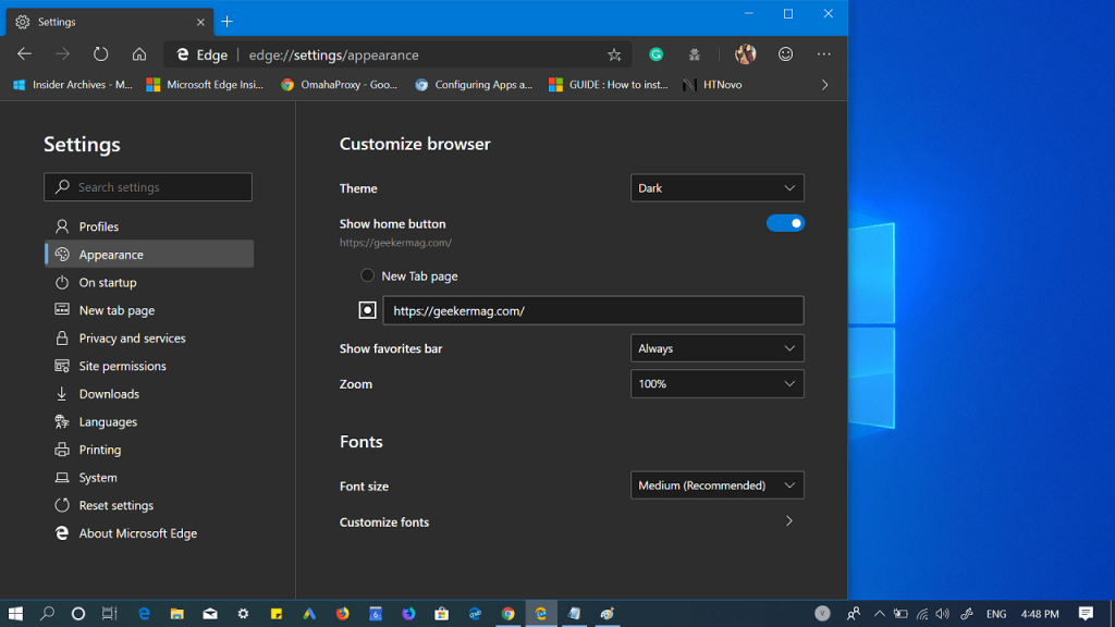 how to customize microsoft edge home button and add custome link to it