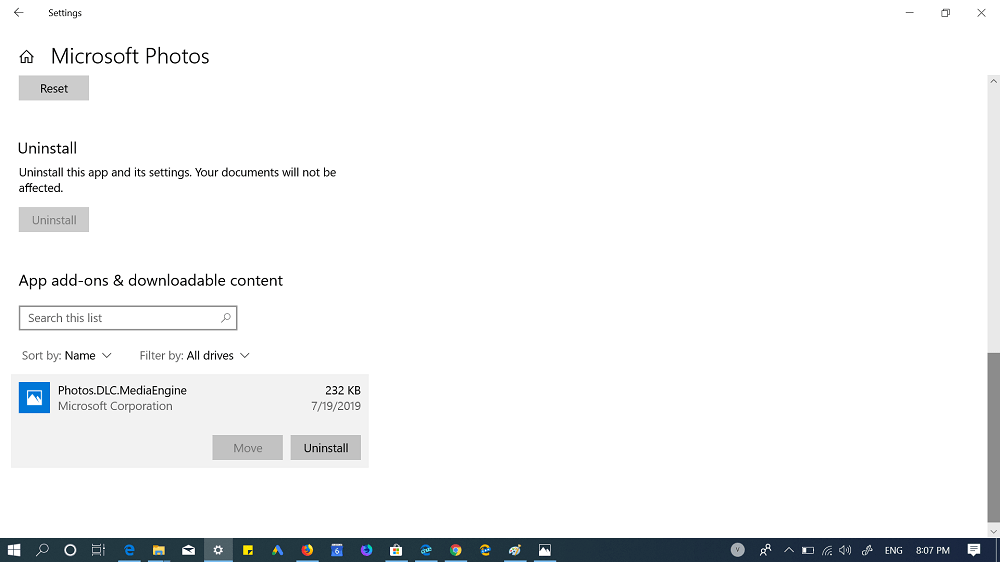 photos app setting page in windows 10