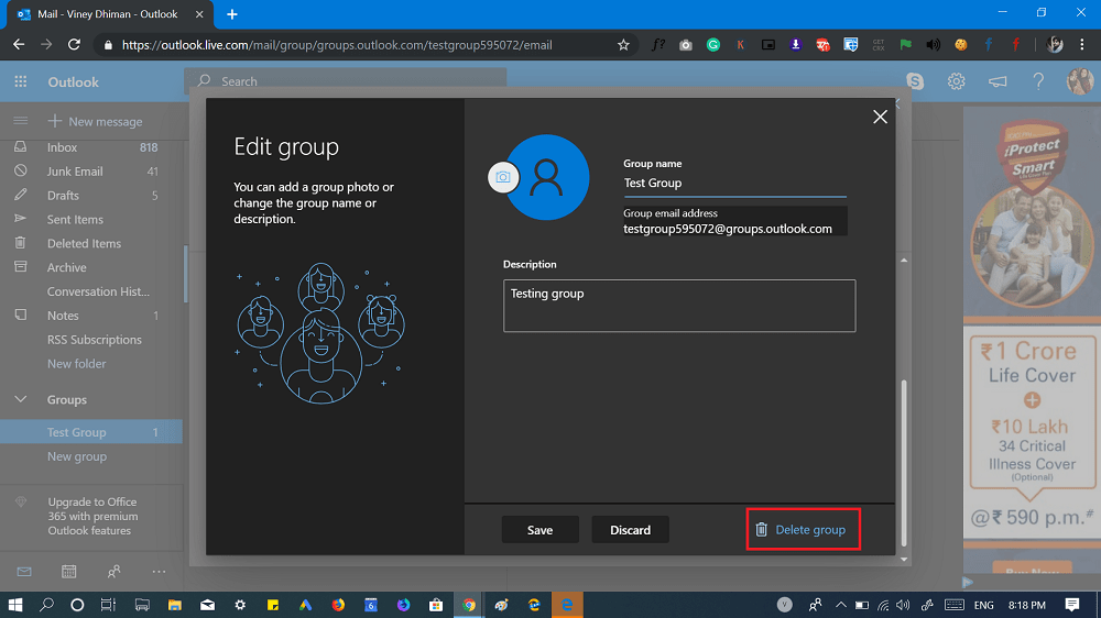 How to Delete any Group in Outlook com Website Account - 18