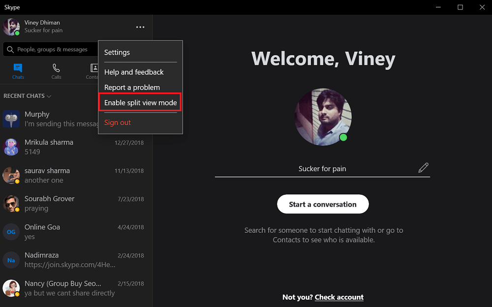 Enable Split View Mode in Skype 