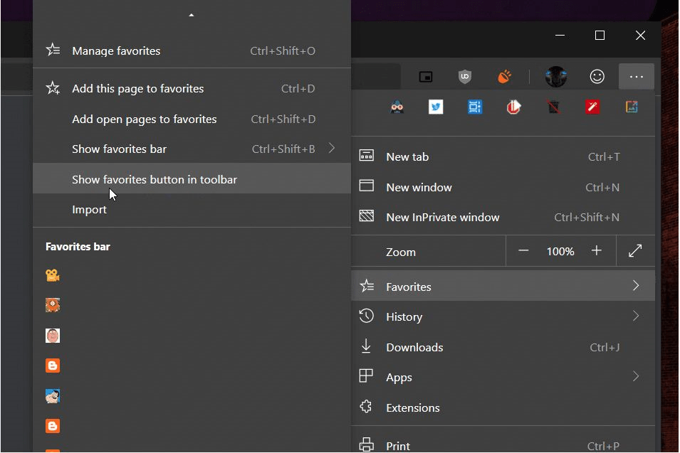 edge chromium - show favorite button in the toolbar