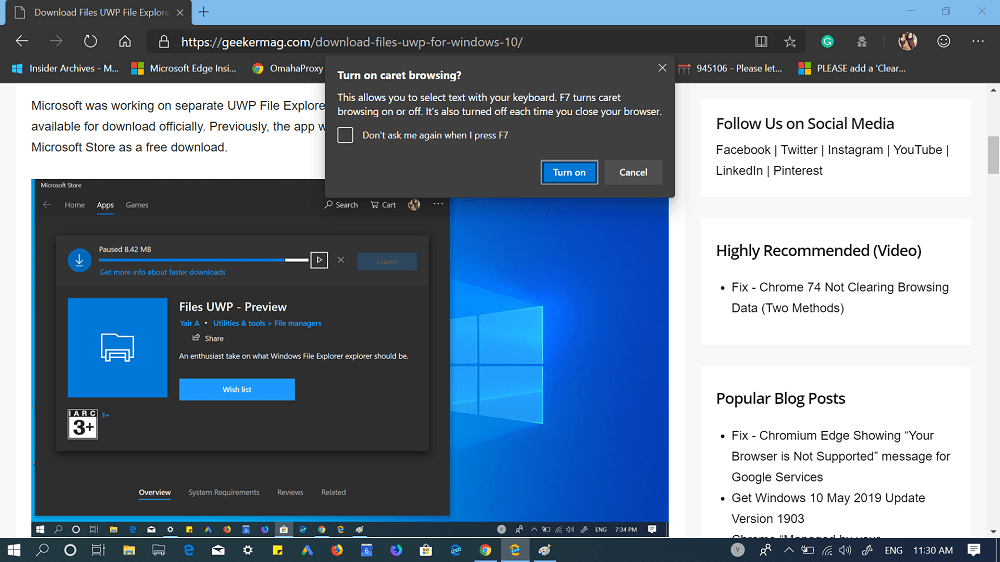 press f7 key to turn on caret browsing in edge chromium