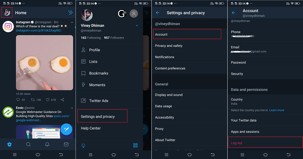 how to logout from twitter app.