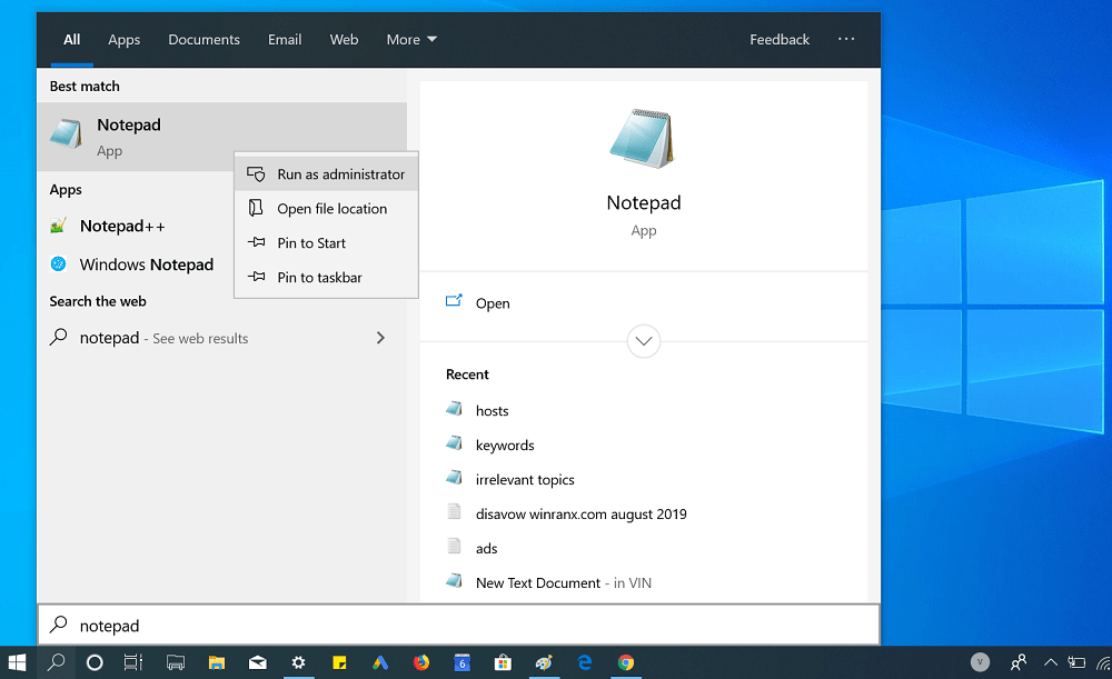 notepad - run as administrator