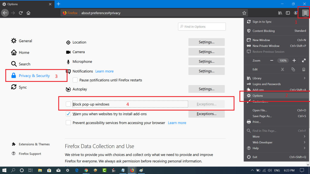 how to disable pop up blocker in firefox windows 10