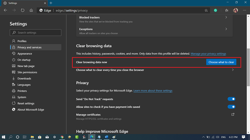 clearing cache and cookies microsoft edge