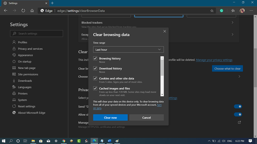clear browsing data in edge chromium