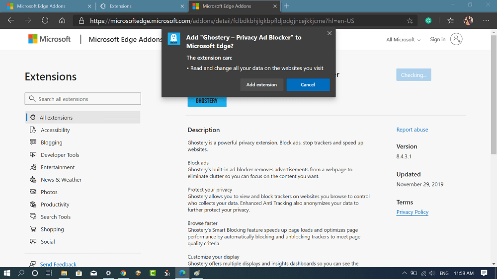 add extenson dialog box in edge chromium