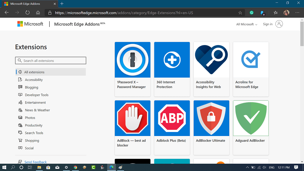 Microsoft Edge addons page