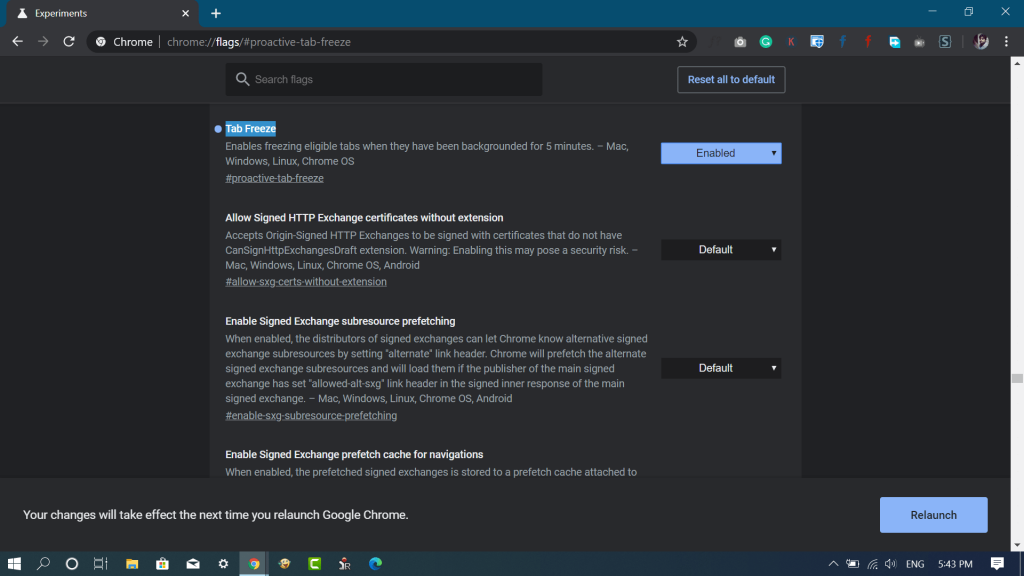 google chrome - proactive tab freeze experimental flag.