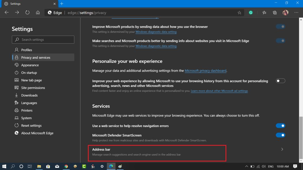 Microsoft Edge privacy - address bar settings
