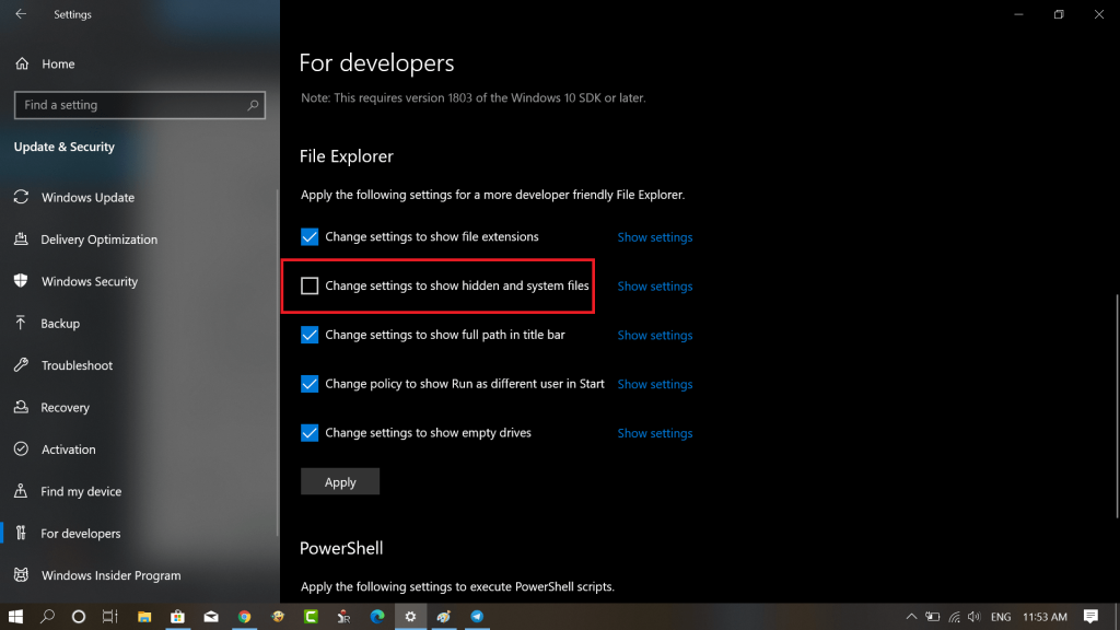 change settings to show hidden and system files in windows 10