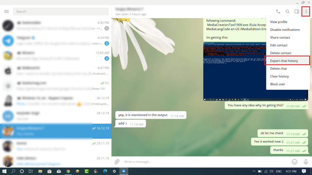 Export chat history in telegram