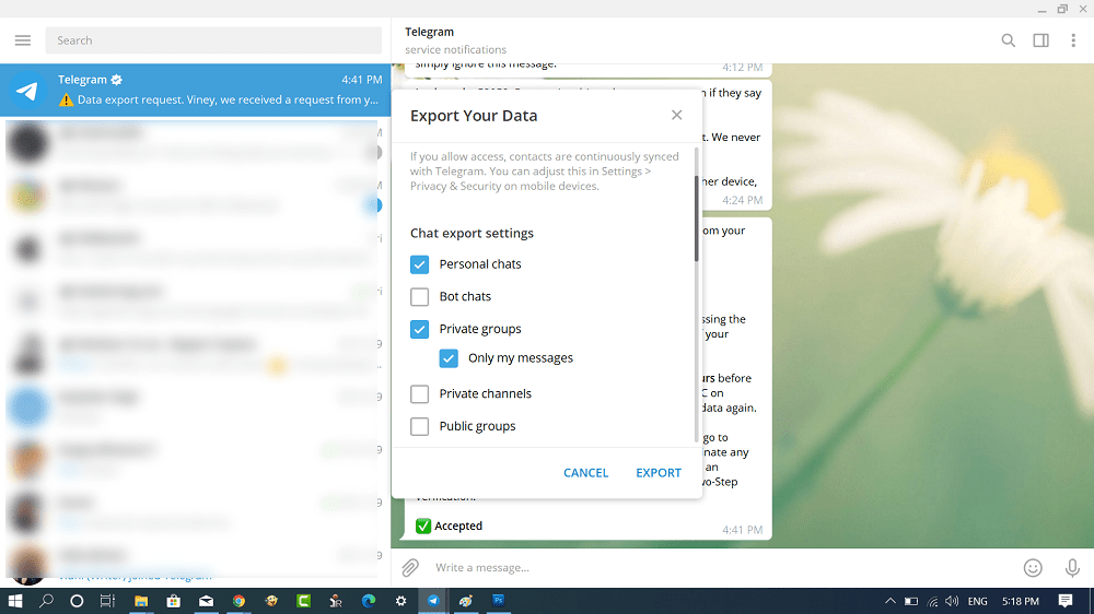 Export your data in telegram