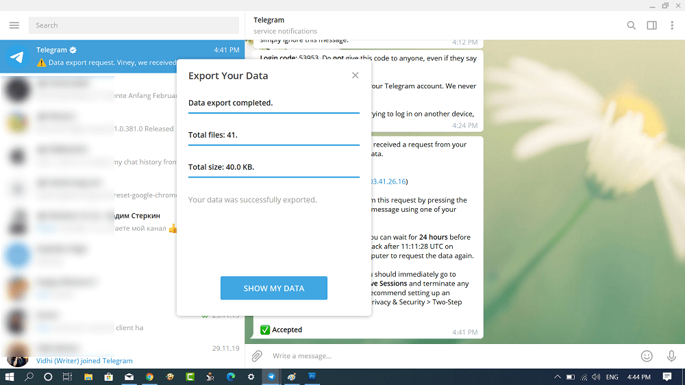 Export your data in telegram for desktop