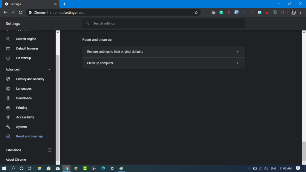 Restore settings to their original defaults in chrome 