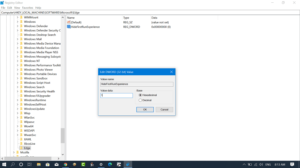 microsoft edge "HideFirstRunExperience" DWORD value