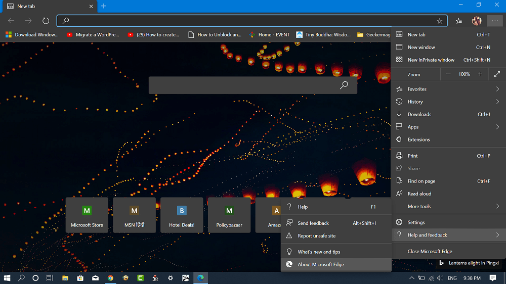 microsoft edge menu - help and feedback